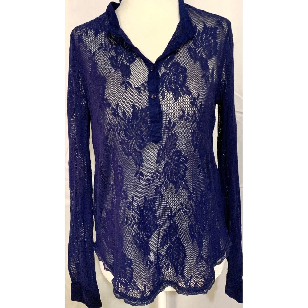 GUESS Royal Blue Floral Lace Mesh Henley Long‎ Sleeve Blouse Sheer Top small